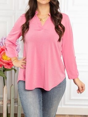 New Dear Scarlett Pink 3/4 Button Sleeve Lizzy Top V Neck Flowy Plus Size Blouse
